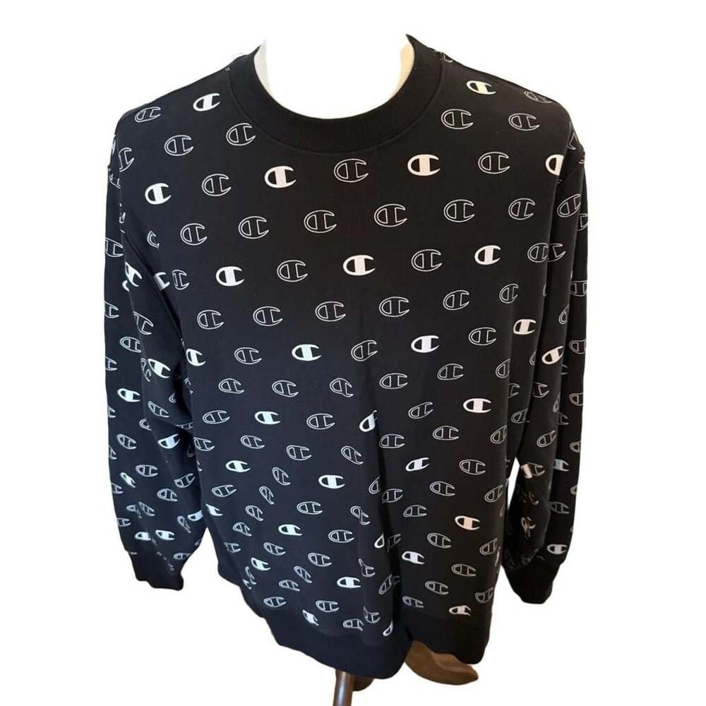 Champion Reverse Weave All Over Logo Black Crewneck Sweatshirt XL